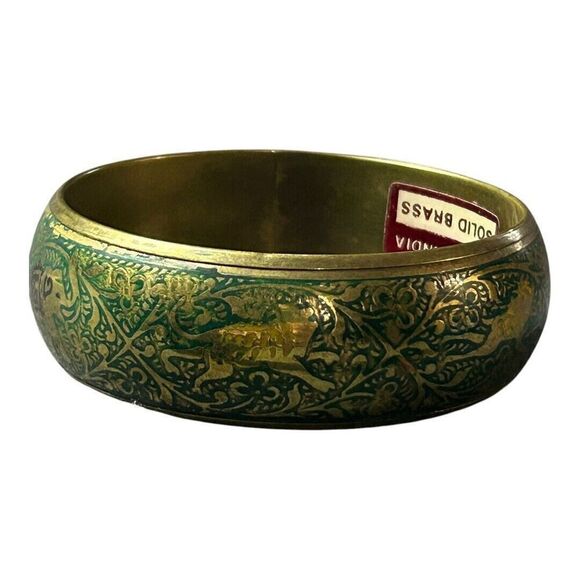 Vintage Brass Bangle Bracelet Etched Elephant  Tiger Green Enamel Made In India‎ - Picture 7 of 14